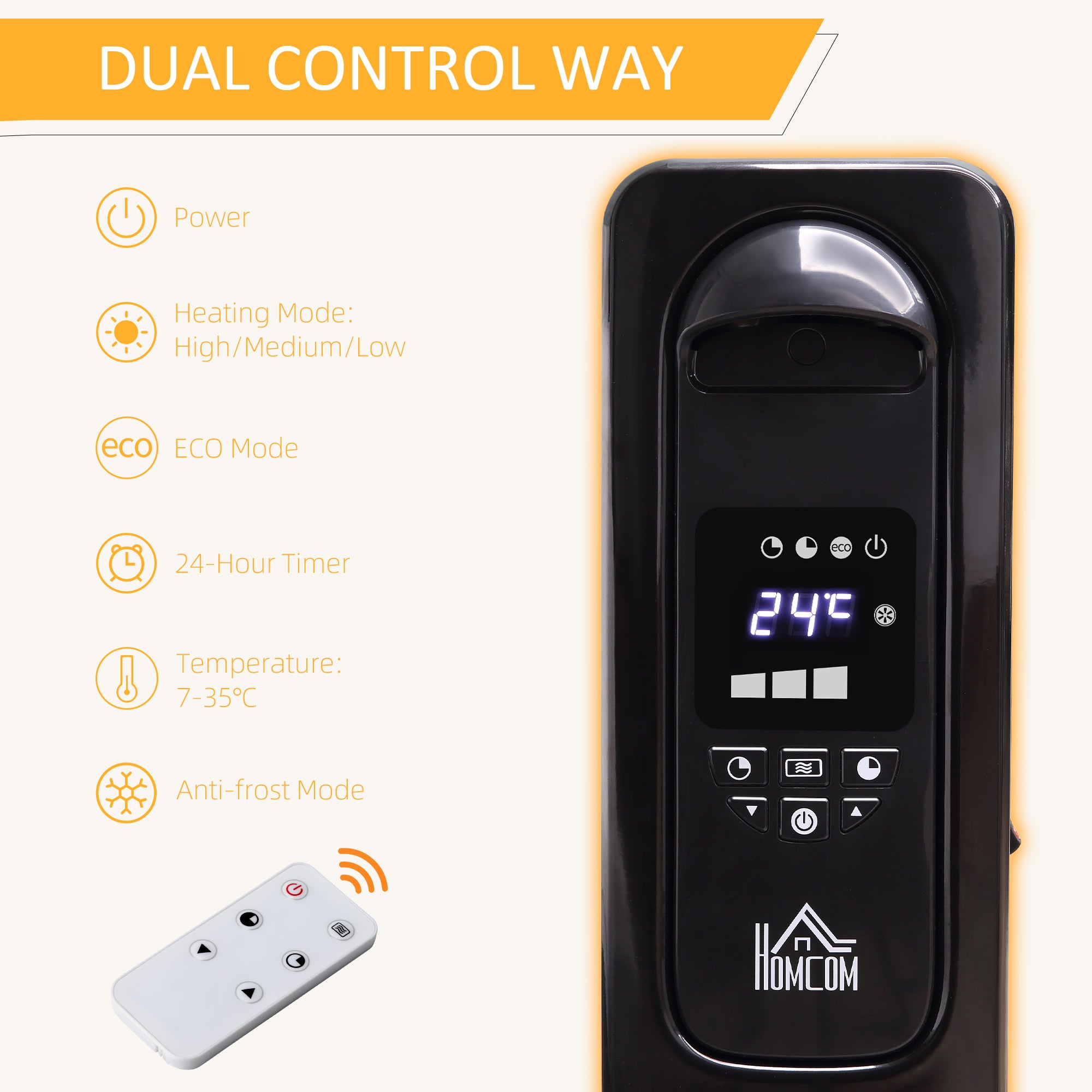 HOMCOM 2500W Digital Display Oil Filled Radiator, 11 Fin Portable Electric Heater with Timer, Adjustable Thermostat, Three Heat settings, Safety Cut Off, Remote, Black 