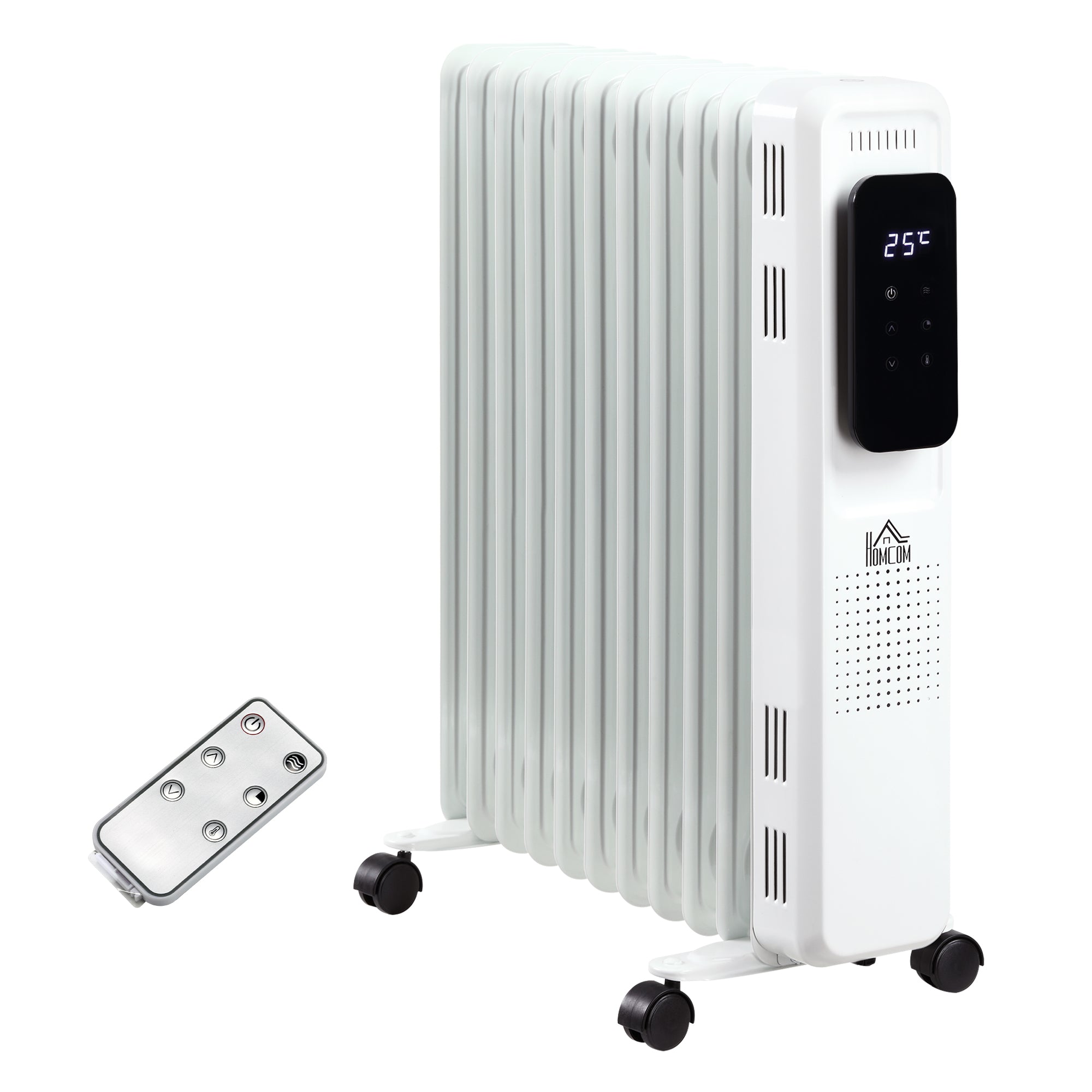 HOMCOM 2500W Oil Filled Radiator, 11 Fin Portable Electric Heater with LED Display, 24H Timer, 3 Heat Settings, Adjustable Thermostat, Safety Cut off, Remote Control, White 