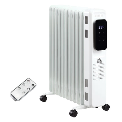 HOMCOM 2500W Oil Filled Radiator, 11 Fin Portable Electric Heater with LED Display, 24H Timer, 3 Heat Settings, Adjustable Thermostat, Safety Cut off, Remote Control, White 