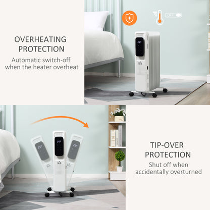 HOMCOM 2500W Oil Filled Radiator, 11 Fin Portable Electric Heater with LED Display, 24H Timer, 3 Heat Settings, Adjustable Thermostat, Safety Cut off, Remote Control, White 