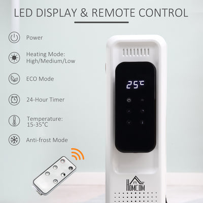 HOMCOM 2500W Oil Filled Radiator, 11 Fin Portable Electric Heater with LED Display, 24H Timer, 3 Heat Settings, Adjustable Thermostat, Safety Cut off, Remote Control, White 