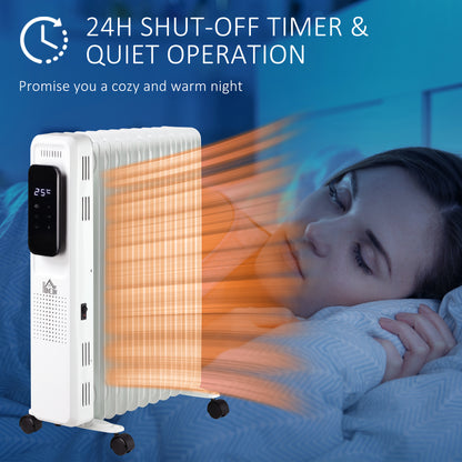HOMCOM 2500W Oil Filled Radiator, 11 Fin Portable Electric Heater with LED Display, 24H Timer, 3 Heat Settings, Adjustable Thermostat, Safety Cut off, Remote Control, White 