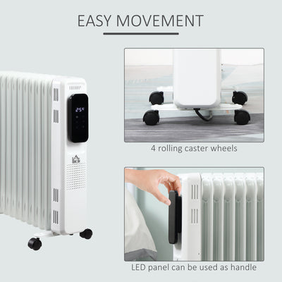 HOMCOM 2500W Oil Filled Radiator, 11 Fin Portable Electric Heater with LED Display, 24H Timer, 3 Heat Settings, Adjustable Thermostat, Safety Cut off, Remote Control, White 