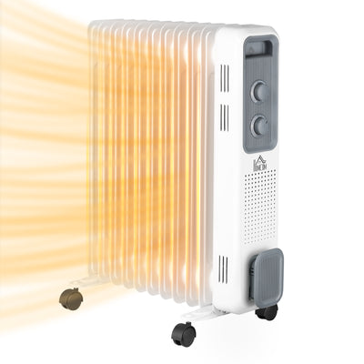 HOMCOM 2500W Oil Filled Radiator, 11 Fin, Portable Electric Heater with 3 Heat Settings, Safety Cut-Off and Wheels, White 