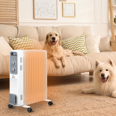 HOMCOM 2500W Oil Filled Radiator, 11 Fin, Portable Electric Heater with 3 Heat Settings, Safety Cut-Off and Wheels, White 