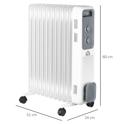 HOMCOM 2500W Oil Filled Radiator, 11 Fin, Portable Electric Heater with 3 Heat Settings, Safety Cut-Off and Wheels, White 