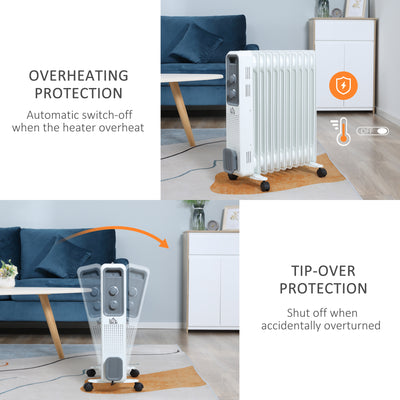 HOMCOM 2500W Oil Filled Radiator, 11 Fin, Portable Electric Heater with 3 Heat Settings, Safety Cut-Off and Wheels, White 