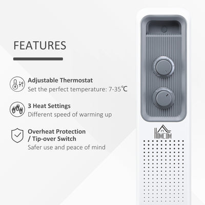 HOMCOM 2500W Oil Filled Radiator, 11 Fin, Portable Electric Heater with 3 Heat Settings, Safety Cut-Off and Wheels, White 