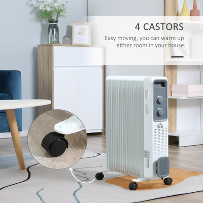 HOMCOM 2500W Oil Filled Radiator, 11 Fin, Portable Electric Heater with 3 Heat Settings, Safety Cut-Off and Wheels, White 