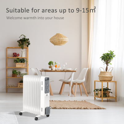 HOMCOM 2500W Oil Filled Radiator, 11 Fin, Portable Electric Heater with 3 Heat Settings, Safety Cut-Off and Wheels, White 