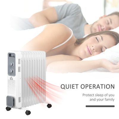 HOMCOM 2500W Oil Filled Radiator, 11 Fin, Portable Electric Heater with 3 Heat Settings, Safety Cut-Off and Wheels, White 