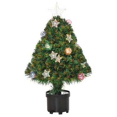 HOMCOM 2FT Pre-lit Artificial Christmas Tree Tabletop Multicoloured Fibre Optic Xmas Decoration w/ LED Lights Pot Table Desk - Green 