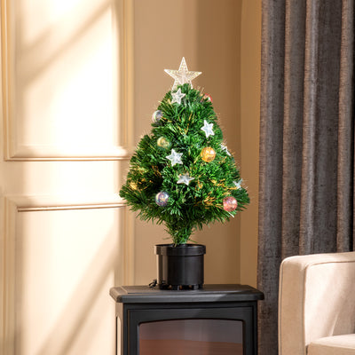 HOMCOM 2FT Pre-lit Artificial Christmas Tree Tabletop Multicoloured Fibre Optic Xmas Decoration w/ LED Lights Pot Table Desk - Green 