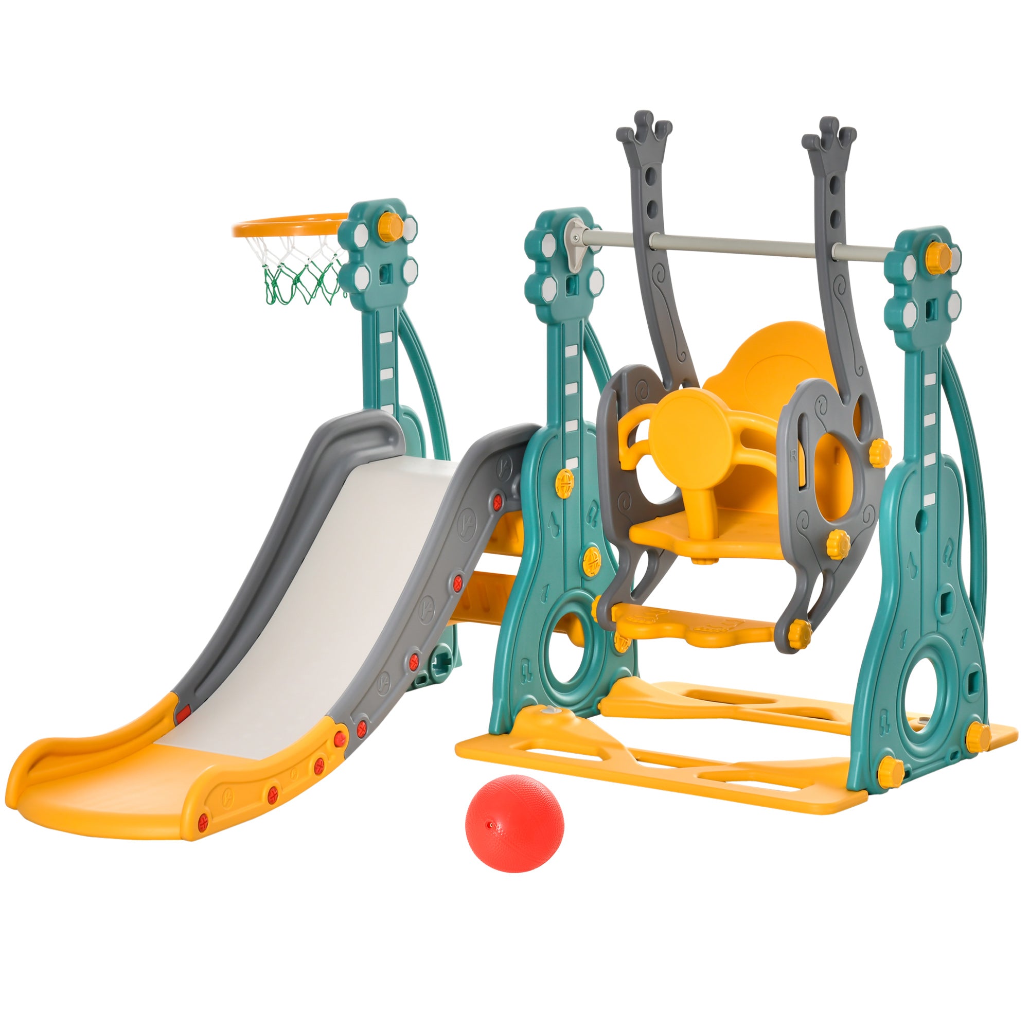 HOMCOM 3-IN-1 Kids Swing and Slide Set with Basketball Hoop Slide Swing Adjustable Seat Height Toddler Playground Activity Center Indoor and Outdoor Play Equipment 