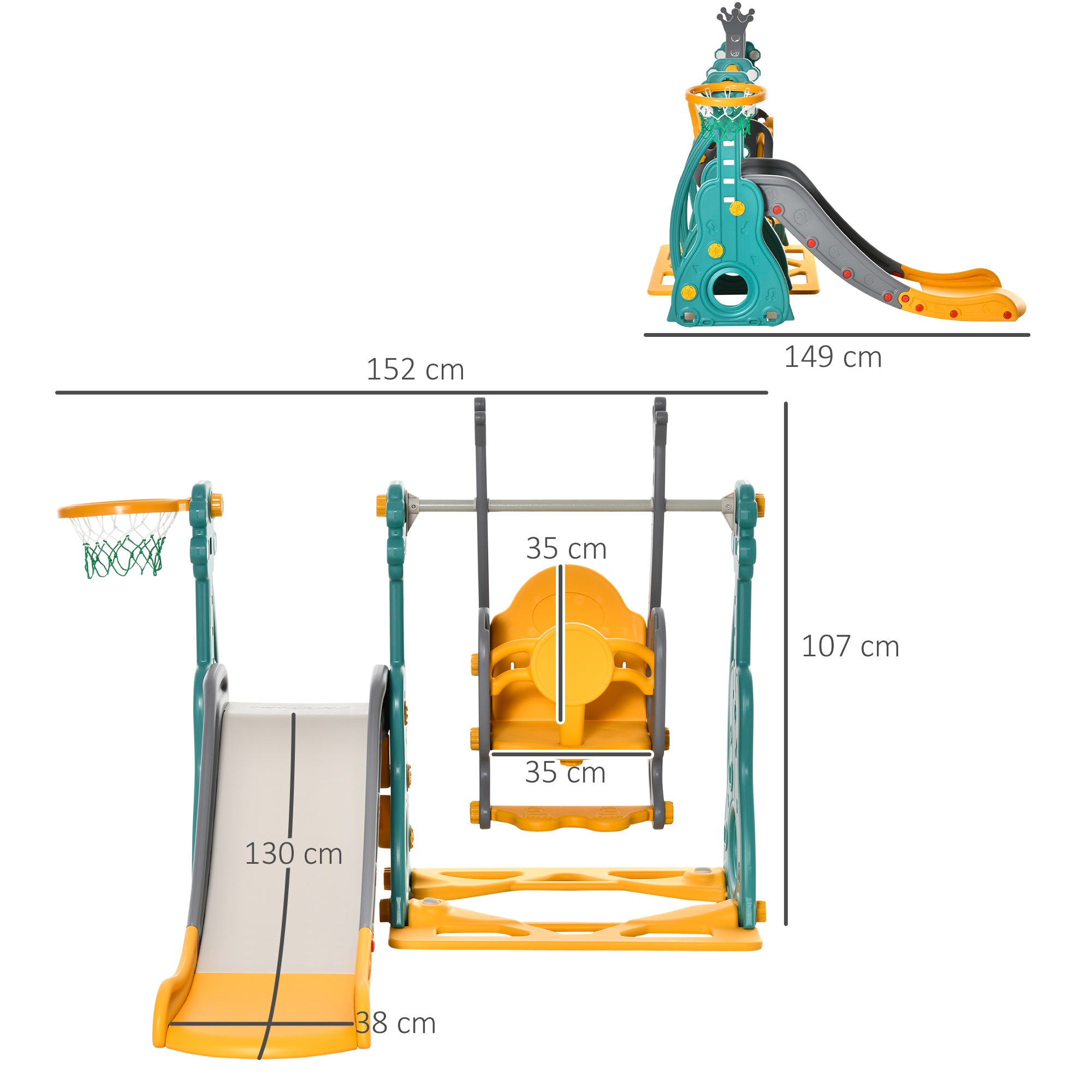 HOMCOM 3-IN-1 Kids Swing and Slide Set with Basketball Hoop Slide Swing Adjustable Seat Height Toddler Playground Activity Center Indoor and Outdoor Play Equipment 