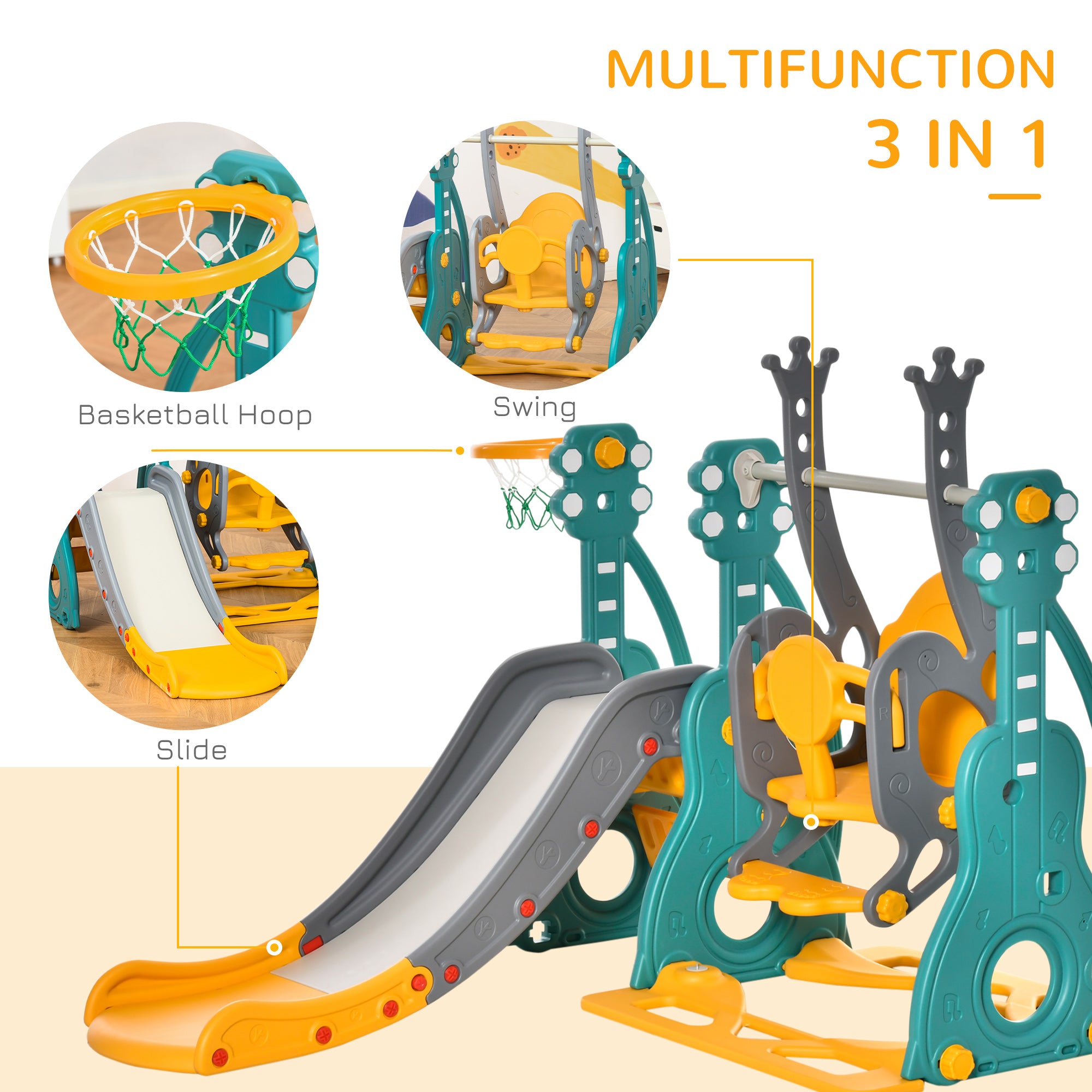HOMCOM 3-IN-1 Kids Swing and Slide Set with Basketball Hoop Slide Swing Adjustable Seat Height Toddler Playground Activity Center Indoor and Outdoor Play Equipment 