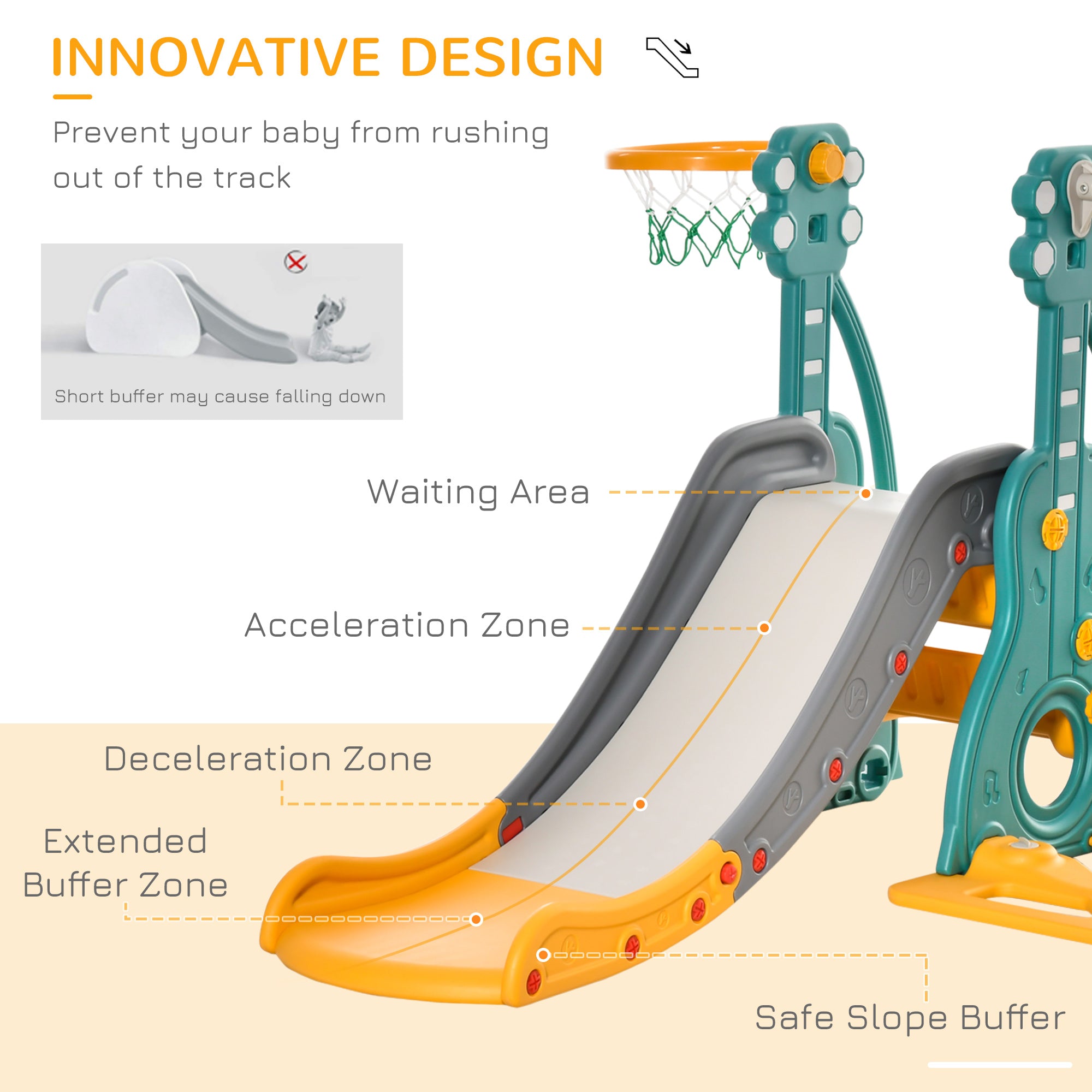 HOMCOM 3-IN-1 Kids Swing and Slide Set with Basketball Hoop Slide Swing Adjustable Seat Height Toddler Playground Activity Center Indoor and Outdoor Play Equipment 