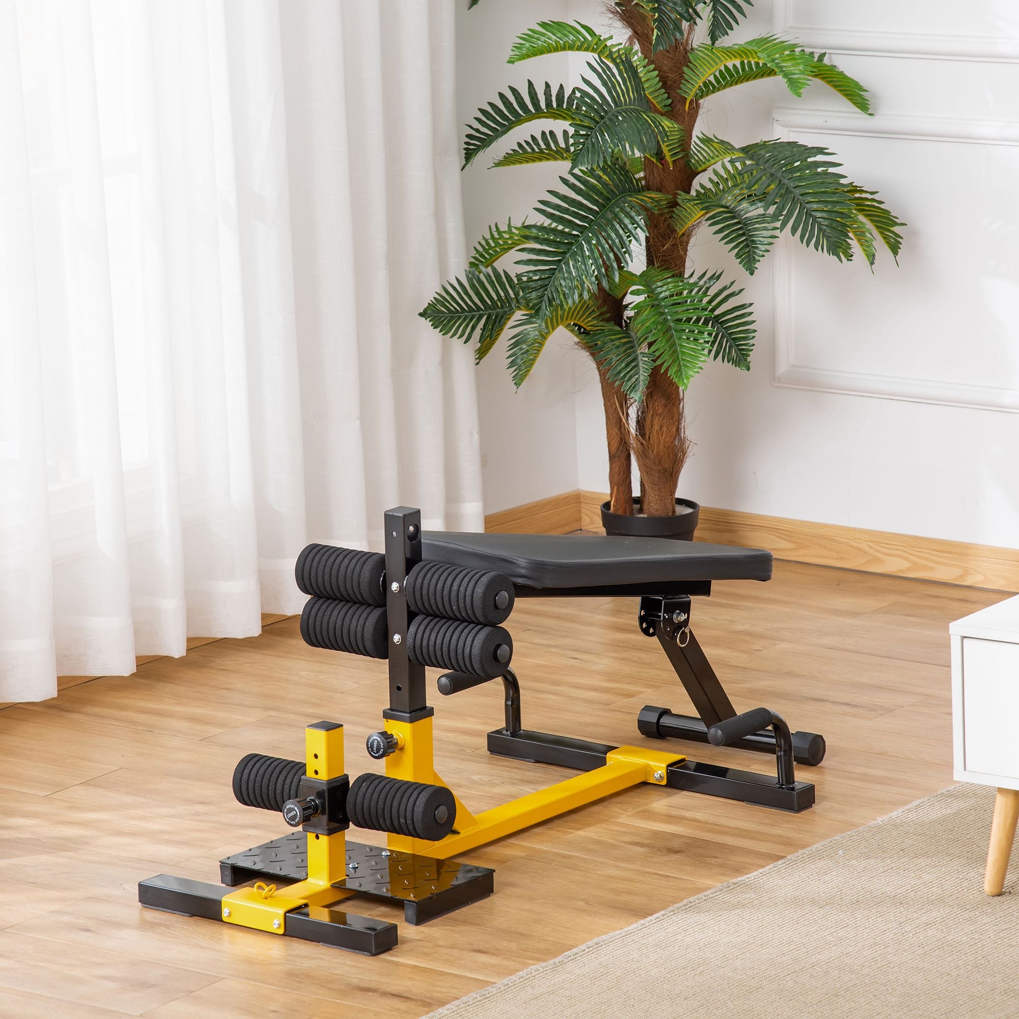 HOMCOM 3-In-1 Squat Machine, Weight Bench and Push up Stand, Adjustable Sit up Bench Leg Press Machine, for Home, Office, Gym Fitness Training, Yellow 