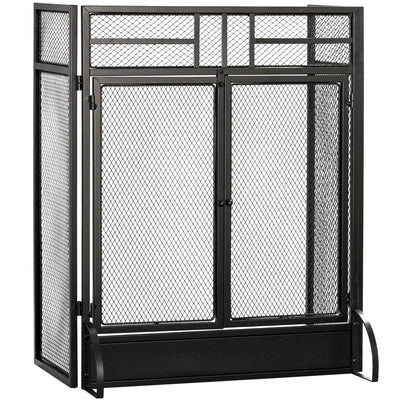 HOMCOM 3-Panel Folding Fireplace Screen with Door, Freestanding Spark Guard, Metal Mesh Fireguard, Black 
