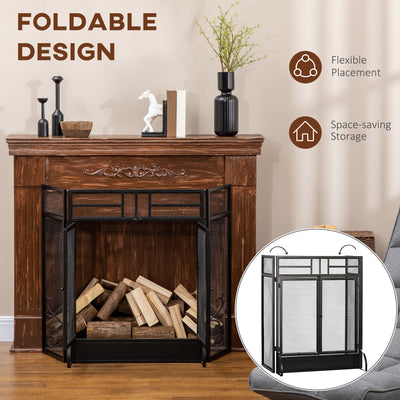 HOMCOM 3-Panel Folding Fireplace Screen with Door, Freestanding Spark Guard, Metal Mesh Fireguard, Black 