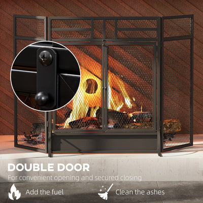 HOMCOM 3-Panel Folding Fireplace Screen with Door, Freestanding Spark Guard, Metal Mesh Fireguard, Black 