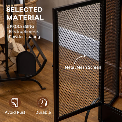 HOMCOM 3-Panel Folding Fireplace Screen with Door, Freestanding Spark Guard, Metal Mesh Fireguard, Black 