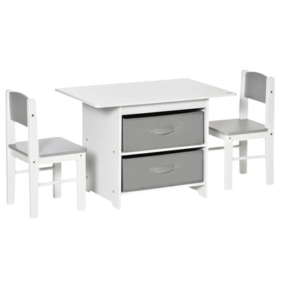 HOMCOM 3 Pcs Kids Table & Chairs Set Mini Seating Furniture Home Playroom Bedroom Dining Room w/ Storage Drawers Safe Corners for 2-4 Years old White 