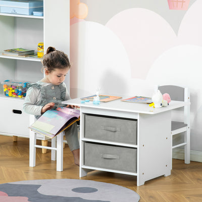 HOMCOM 3 Pcs Kids Table & Chairs Set Mini Seating Furniture Home Playroom Bedroom Dining Room w/ Storage Drawers Safe Corners for 2-4 Years old White 