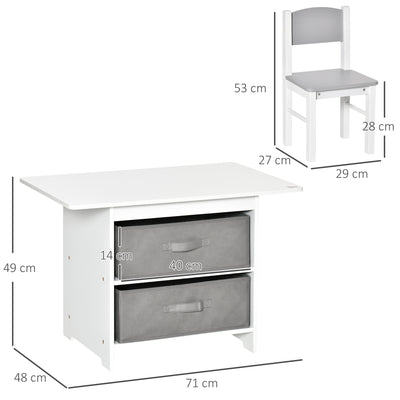 HOMCOM 3 Pcs Kids Table & Chairs Set Mini Seating Furniture Home Playroom Bedroom Dining Room w/ Storage Drawers Safe Corners for 2-4 Years old White 