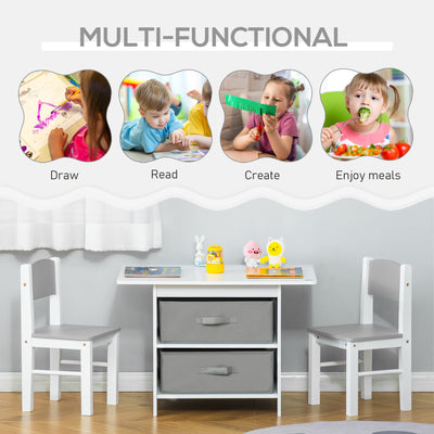 HOMCOM 3 Pcs Kids Table & Chairs Set Mini Seating Furniture Home Playroom Bedroom Dining Room w/ Storage Drawers Safe Corners for 2-4 Years old White 