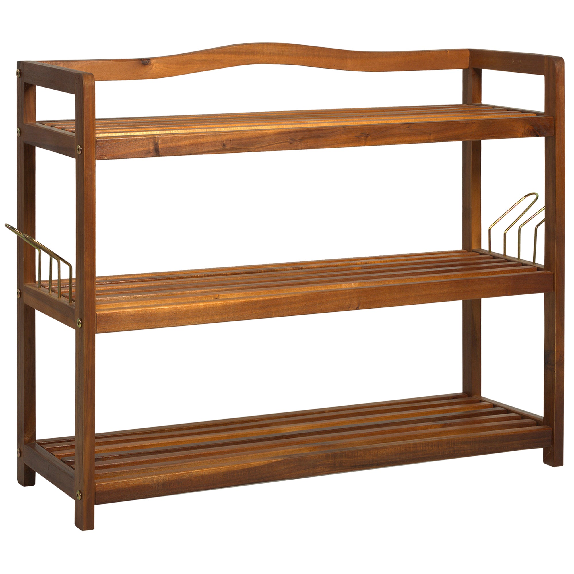 HOMCOM 3-Tier Shoe Rack, Acacia Wooden Shoe Storage Organiser with 2 Hangers, Holds up to 12 Pairs, for Entryway, Living Room, 74 x 26 x 62 cm, Teak 