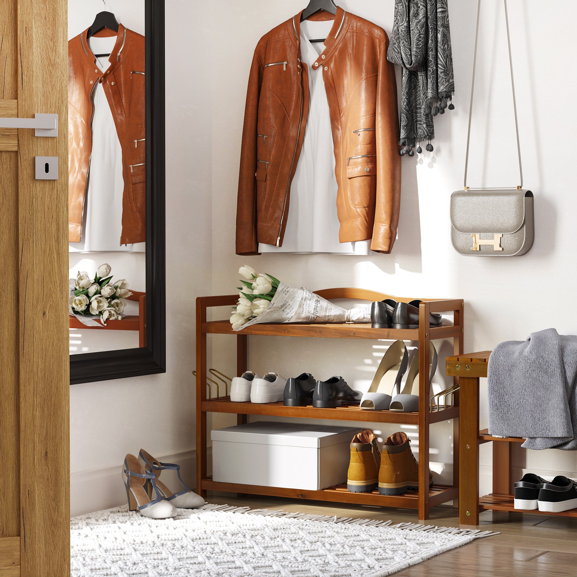 HOMCOM 3-Tier Shoe Rack, Acacia Wooden Shoe Storage Organiser with 2 Hangers, Holds up to 12 Pairs, for Entryway, Living Room, 74 x 26 x 62 cm, Teak 