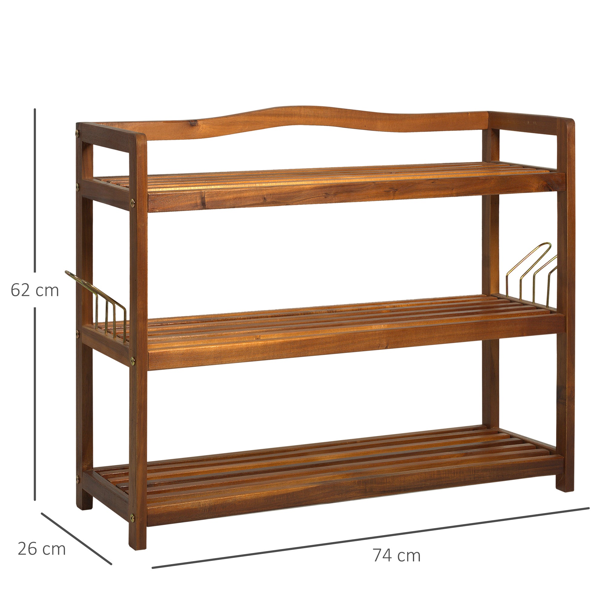 HOMCOM 3-Tier Shoe Rack, Acacia Wooden Shoe Storage Organiser with 2 Hangers, Holds up to 12 Pairs, for Entryway, Living Room, 74 x 26 x 62 cm, Teak 