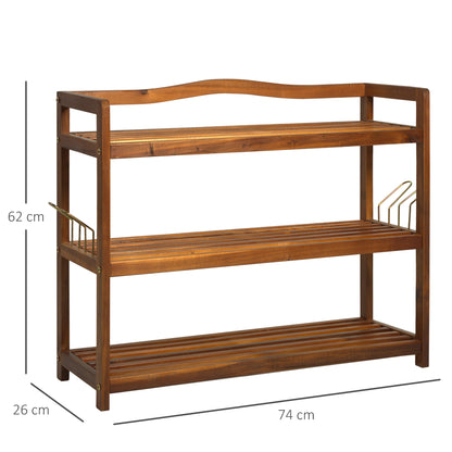 HOMCOM 3-Tier Shoe Rack, Acacia Wooden Shoe Storage Organiser with 2 Hangers, Holds up to 12 Pairs, for Entryway, Living Room, 74 x 26 x 62 cm, Teak 