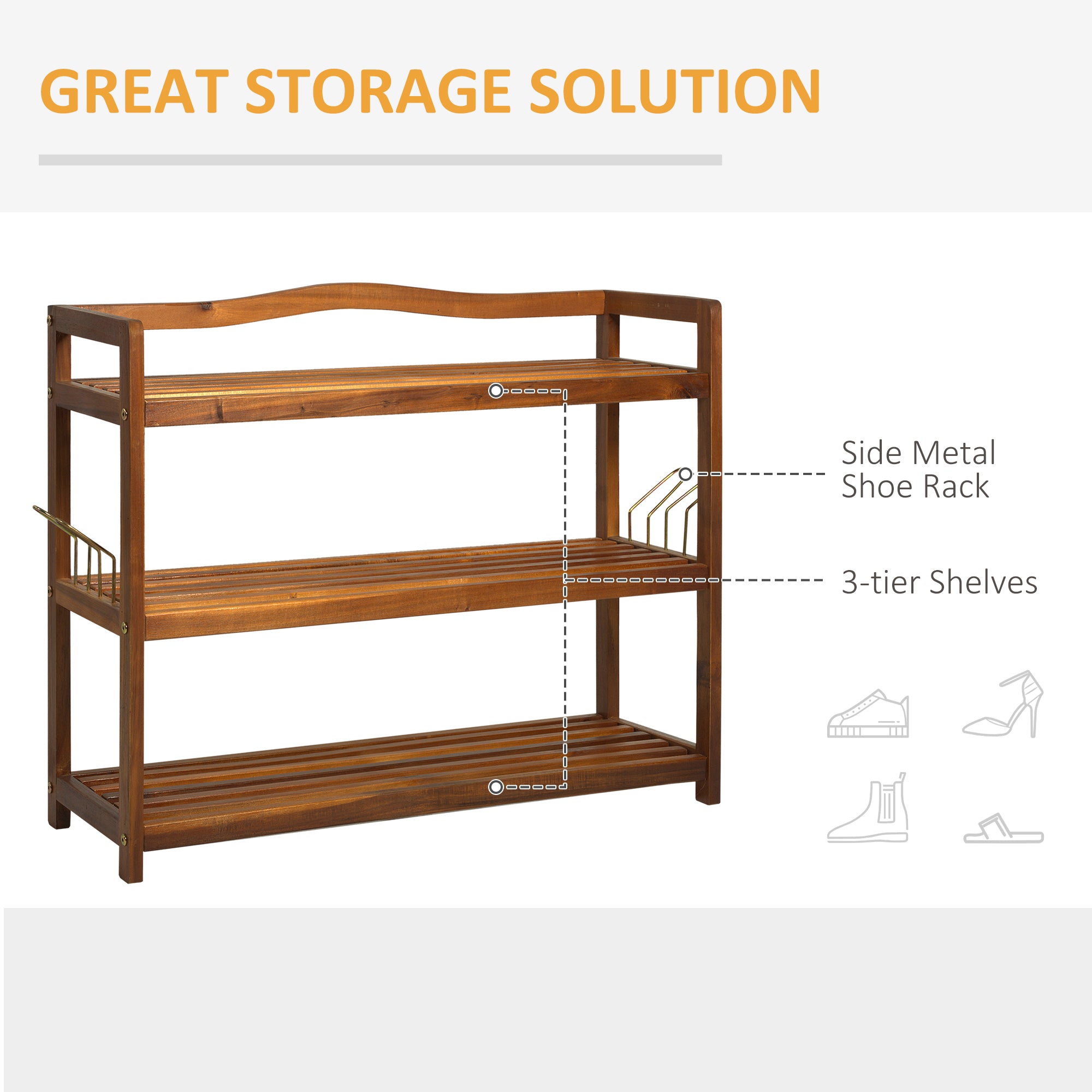 HOMCOM 3-Tier Shoe Rack, Acacia Wooden Shoe Storage Organiser with 2 Hangers, Holds up to 12 Pairs, for Entryway, Living Room, 74 x 26 x 62 cm, Teak 