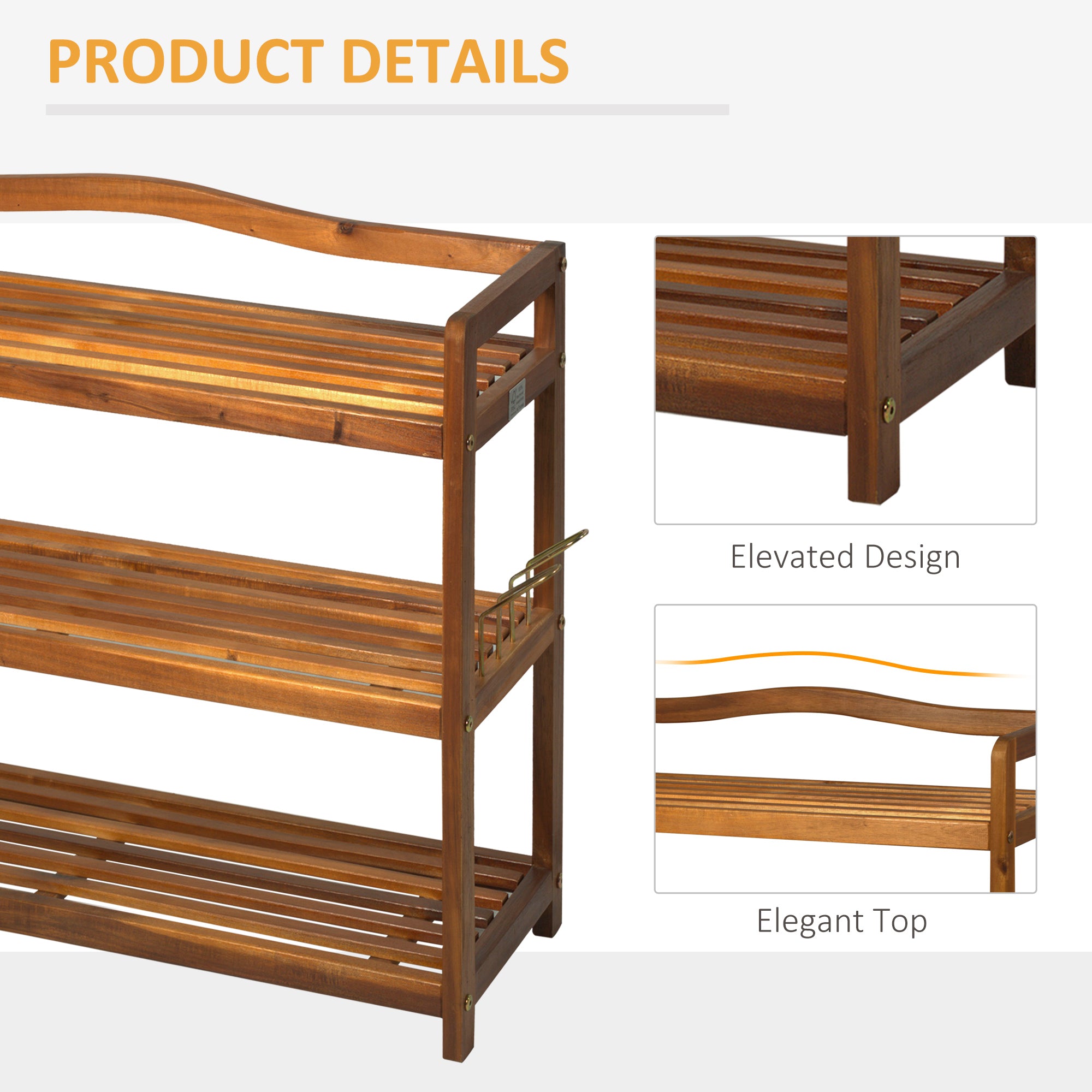 HOMCOM 3-Tier Shoe Rack, Acacia Wooden Shoe Storage Organiser with 2 Hangers, Holds up to 12 Pairs, for Entryway, Living Room, 74 x 26 x 62 cm, Teak 