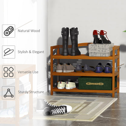 HOMCOM 3-Tier Shoe Rack, Acacia Wooden Shoe Storage Organiser with 2 Hangers, Holds up to 12 Pairs, for Entryway, Living Room, 74 x 26 x 62 cm, Teak 