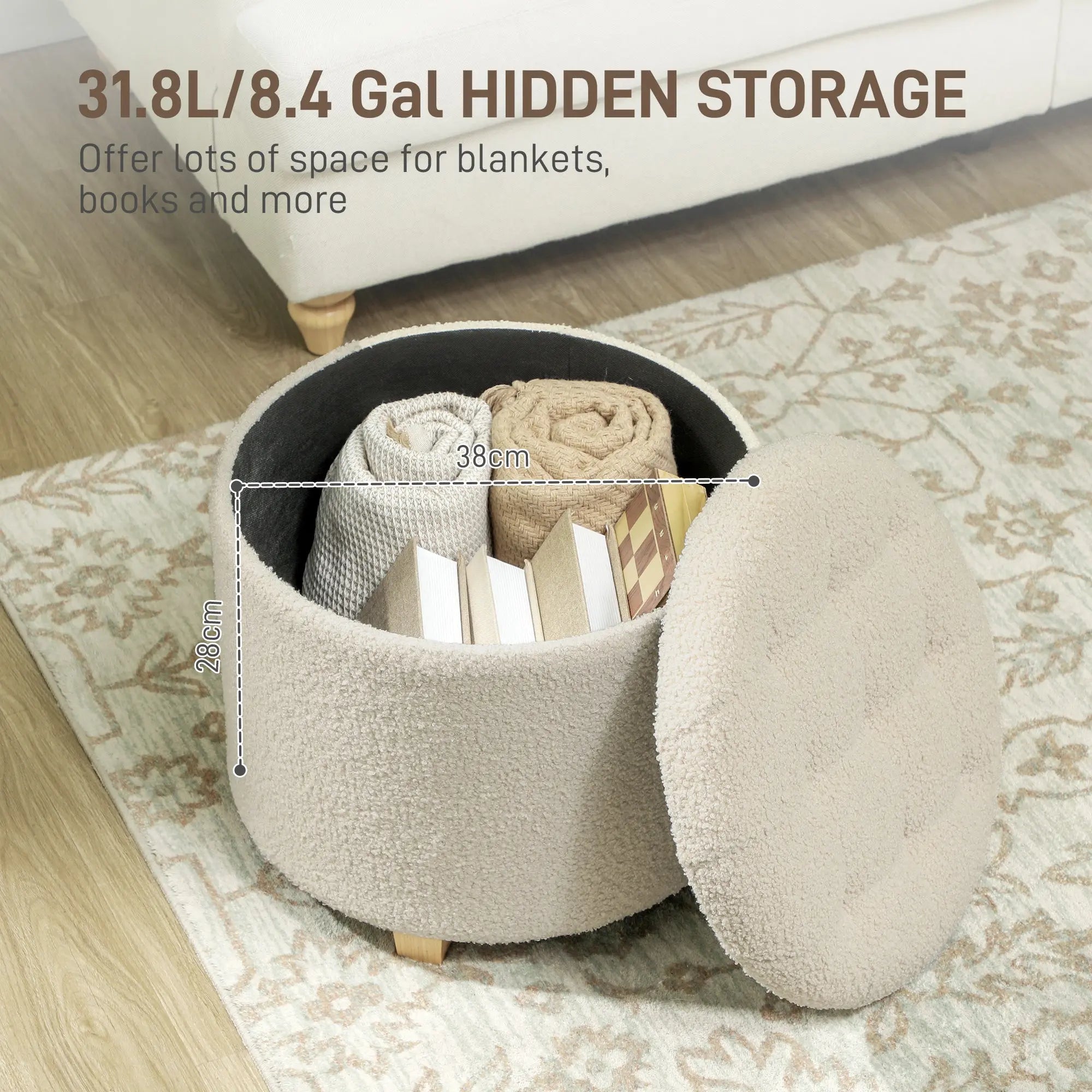 HOMCOM 31.8L Teddy Fleece Storage Ottoman - Cream White 