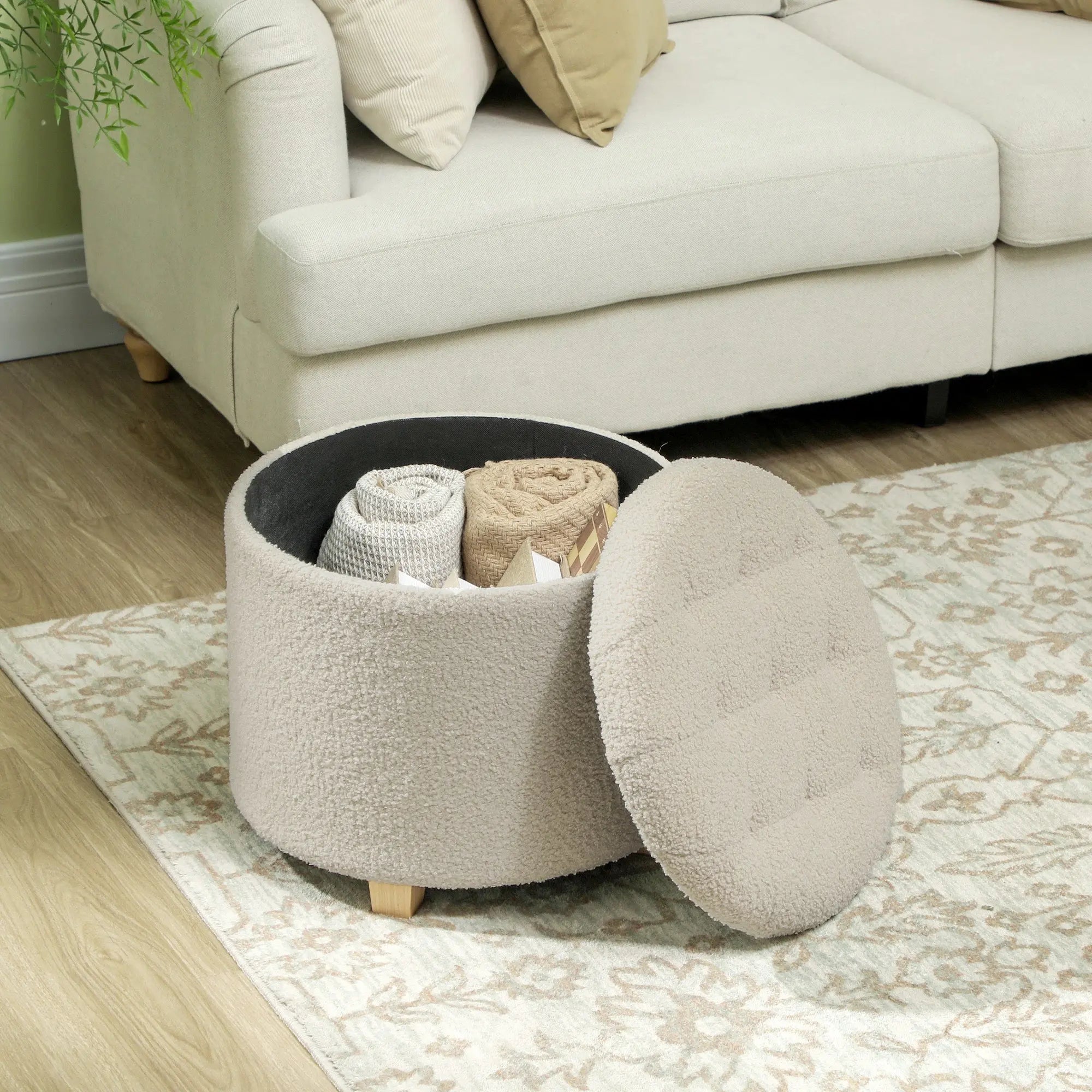 HOMCOM 31.8L Teddy Fleece Storage Ottoman - Cream White 