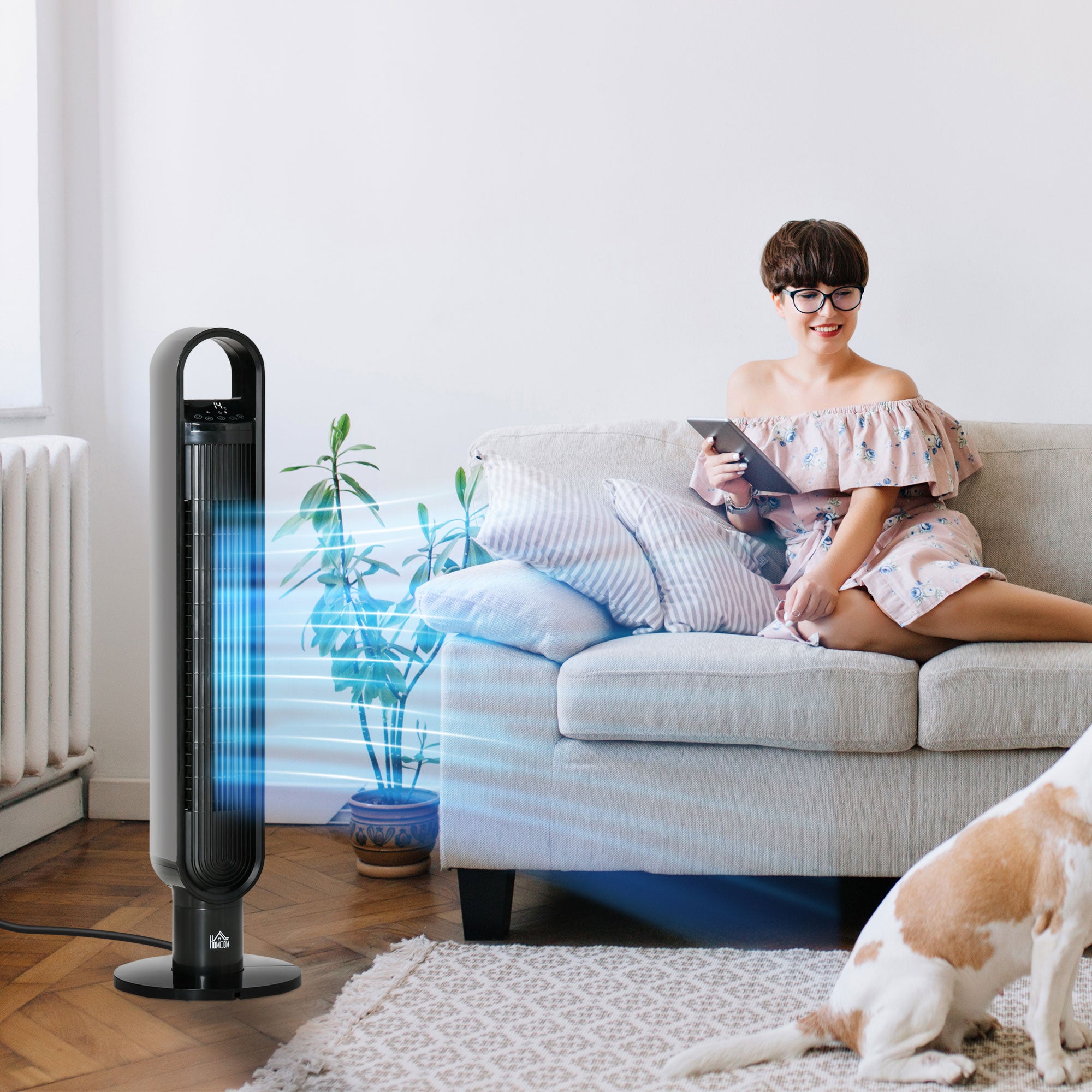 HOMCOM 39" Anion Freestanding Tower Fan Cooling for Bedroom with Oscillating, 3 Speeds, 3 Modes, 12h Timer, LED Sensor Panel, Remote Controller, 60W, Black 