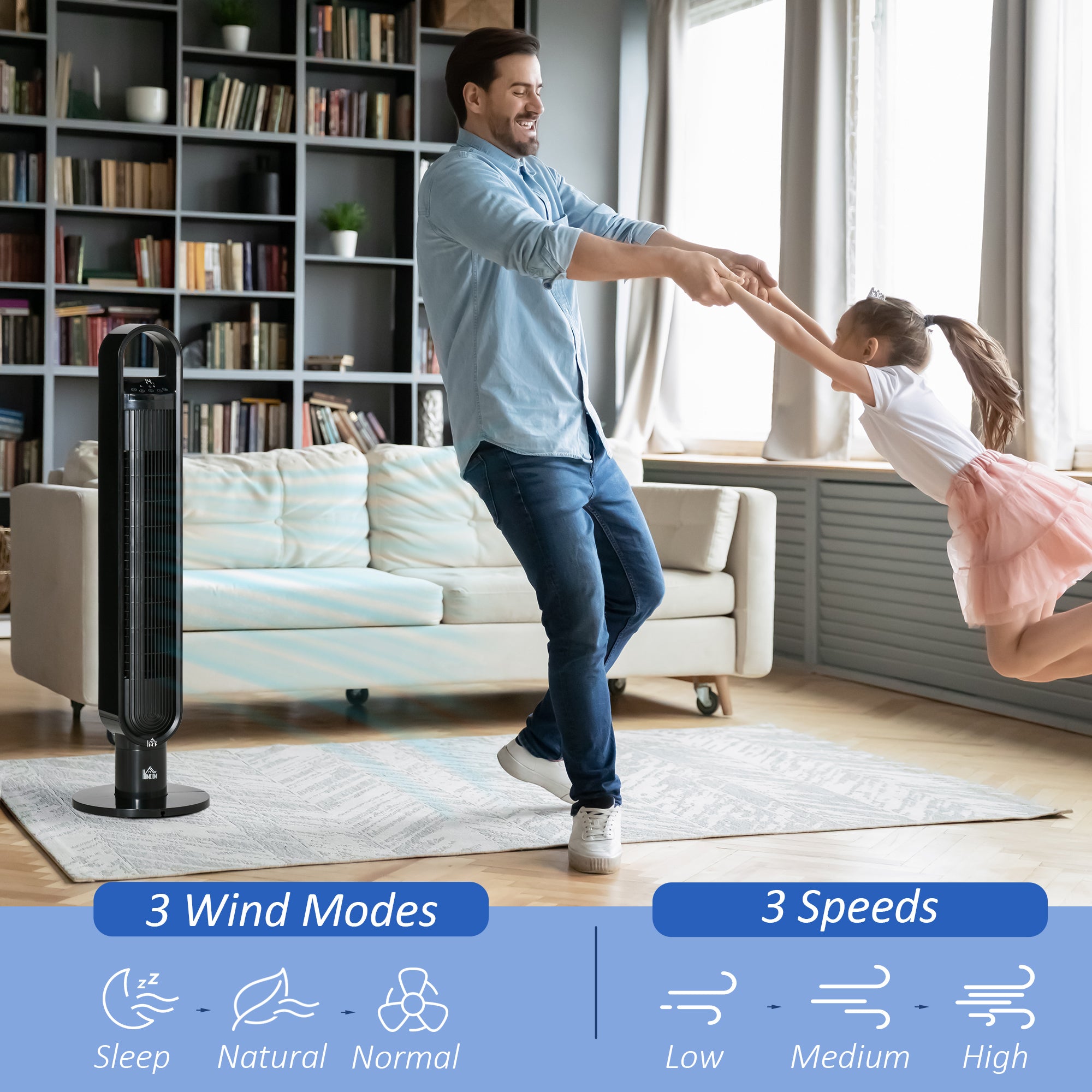 HOMCOM 39" Anion Freestanding Tower Fan Cooling for Bedroom with Oscillating, 3 Speeds, 3 Modes, 12h Timer, LED Sensor Panel, Remote Controller, 60W, Black 