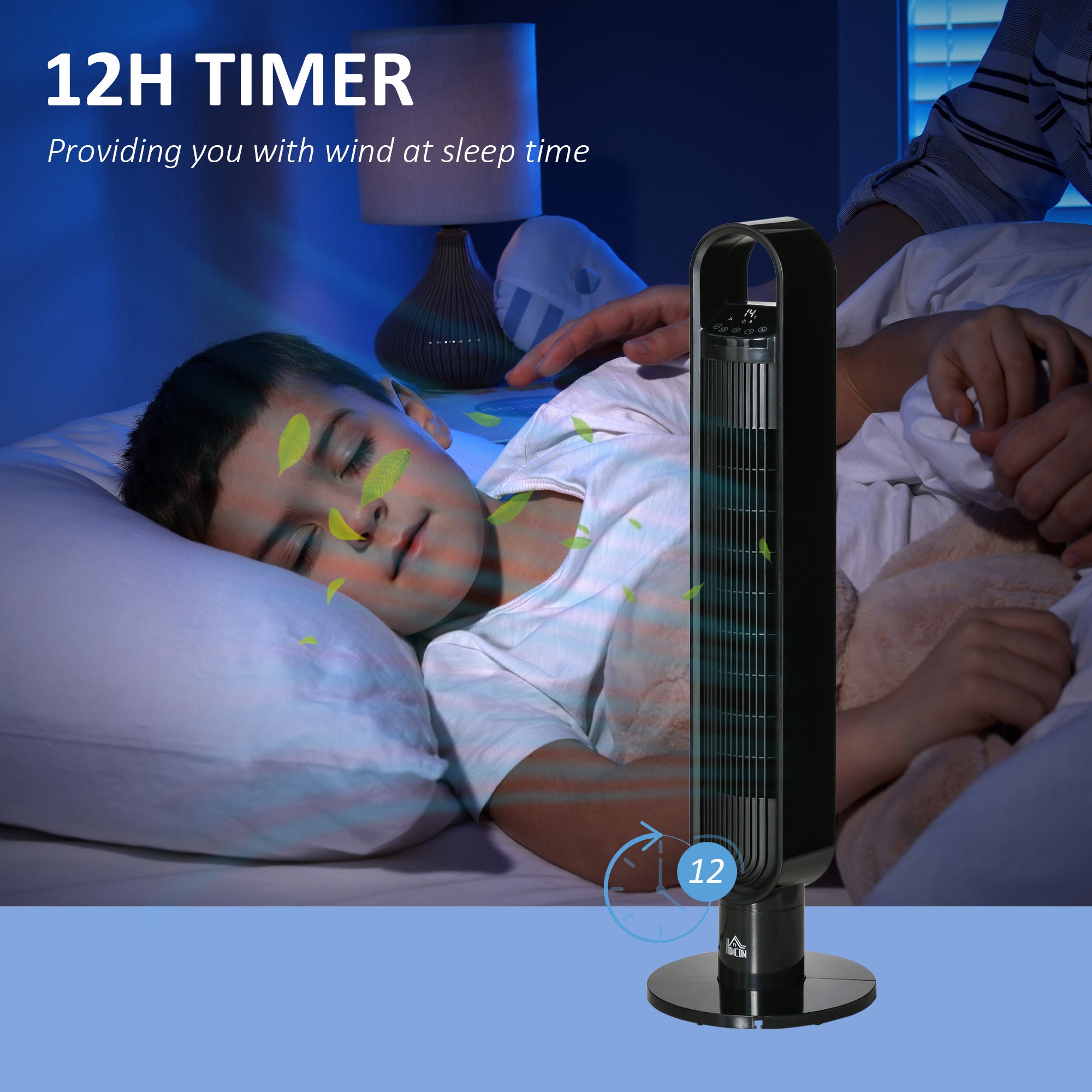 HOMCOM 39" Anion Freestanding Tower Fan Cooling for Bedroom with Oscillating, 3 Speeds, 3 Modes, 12h Timer, LED Sensor Panel, Remote Controller, 60W, Black 