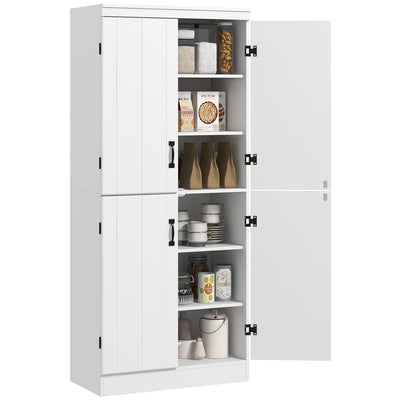 HOMCOM 4-Door Tall Kitchen Cupboard, Freestanding 6-Tier Storage Cabinet with 2 Adjustable Shelves for Living Room, Dining Room, White 