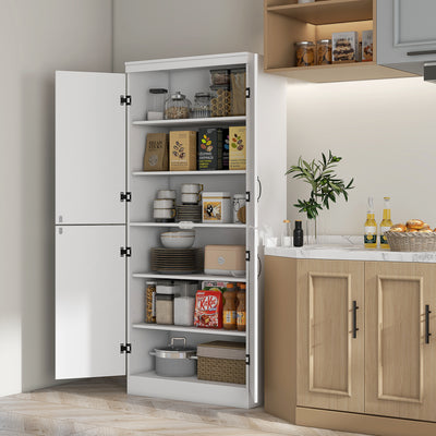 HOMCOM 4-Door Tall Kitchen Cupboard, Freestanding 6-Tier Storage Cabinet with 2 Adjustable Shelves for Living Room, Dining Room, White 