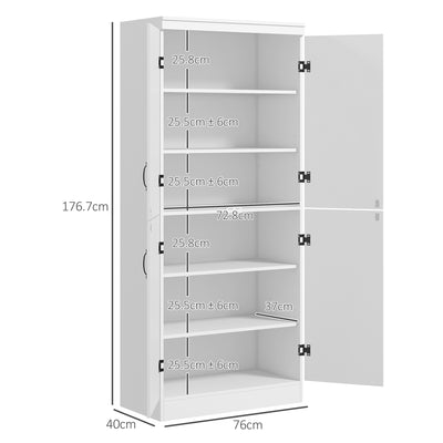 HOMCOM 4-Door Tall Kitchen Cupboard, Freestanding 6-Tier Storage Cabinet with 2 Adjustable Shelves for Living Room, Dining Room, White 