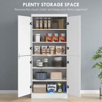 HOMCOM 4-Door Tall Kitchen Cupboard, Freestanding 6-Tier Storage Cabinet with 2 Adjustable Shelves for Living Room, Dining Room, White 