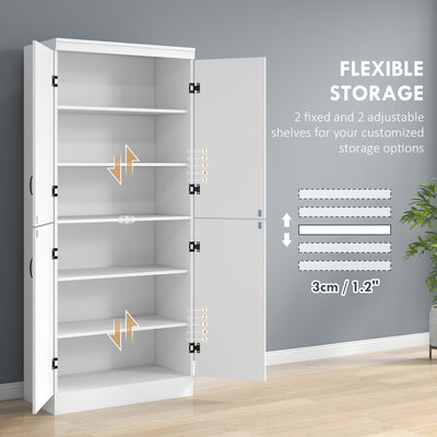 HOMCOM 4-Door Tall Kitchen Cupboard, Freestanding 6-Tier Storage Cabinet with 2 Adjustable Shelves for Living Room, Dining Room, White 