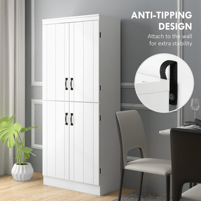 HOMCOM 4-Door Tall Kitchen Cupboard, Freestanding 6-Tier Storage Cabinet with 2 Adjustable Shelves for Living Room, Dining Room, White 