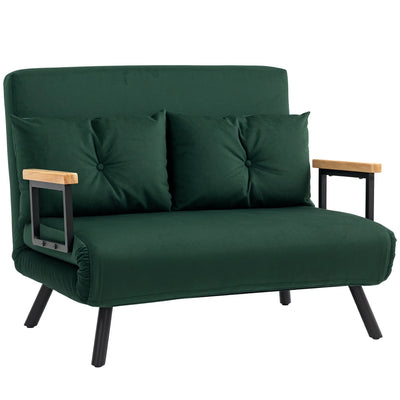 HOMCOM 4-in-1 Velvet-Feel Double Sofa Bed, with Pillows - Green 