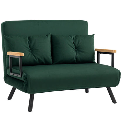 HOMCOM 4-in-1 Velvet-Feel Double Sofa Bed, with Pillows - Green 